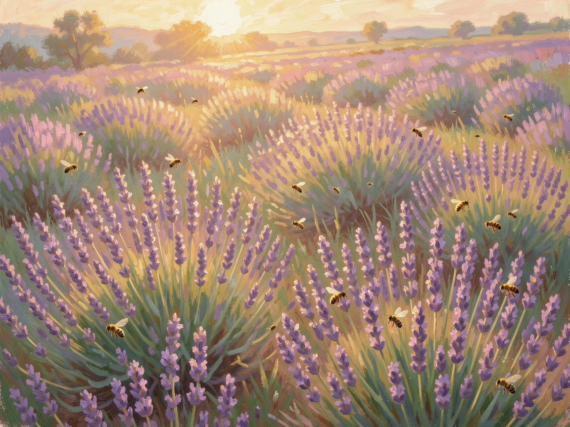 A meadow of wild lavender buzzing with bees beneath a warm golden afternoon sun, at golden sunrise, evoking timeless charm and quiet elegance.