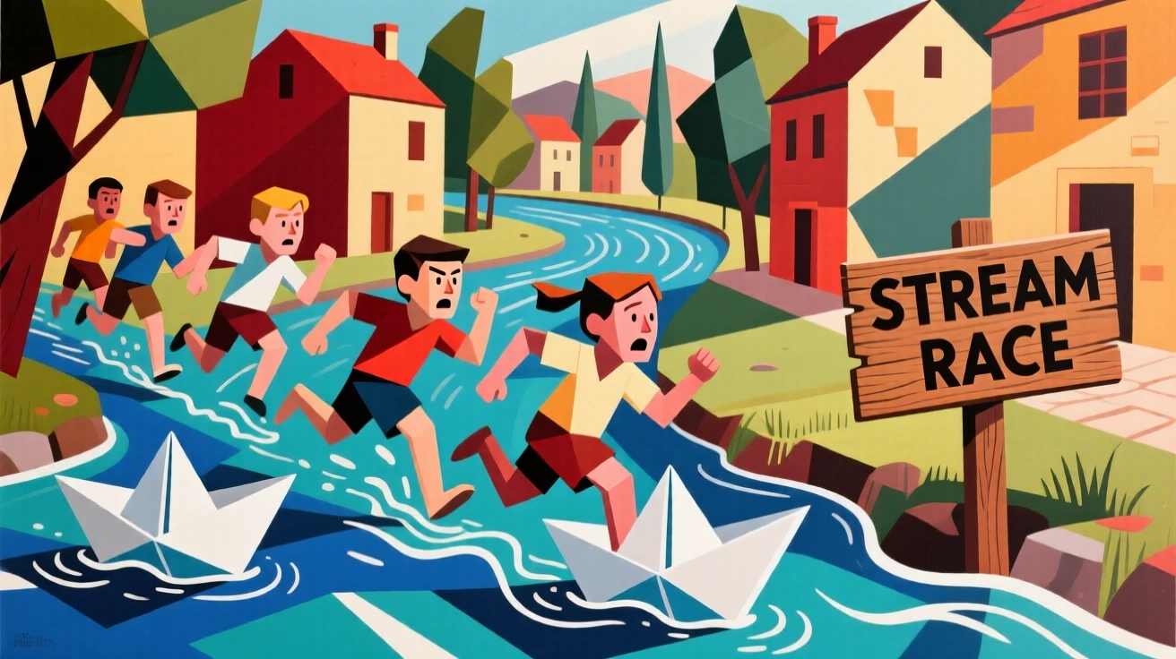 A group of children racing paper boats down a village stream.