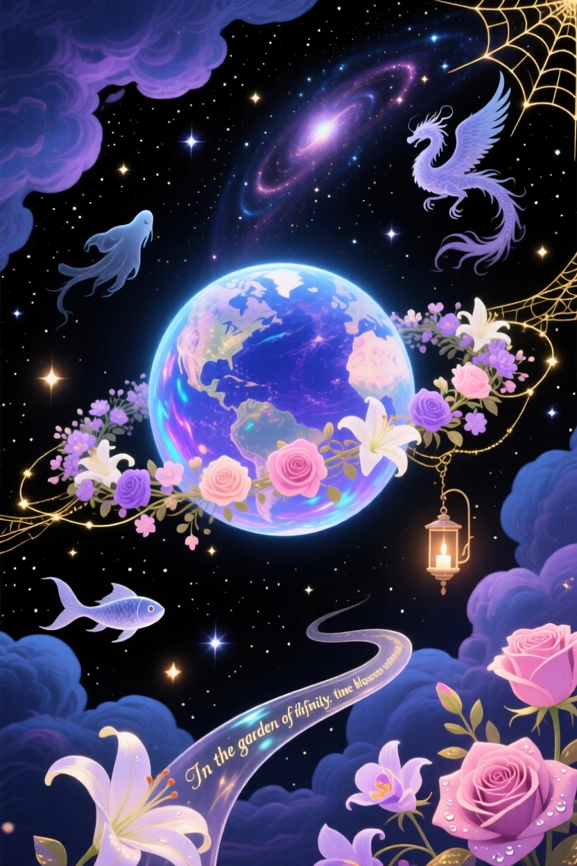 A planet ringed with delicate strands of blooming flowers spins gently at the center of an infinite dark sky, as clouds part gently to reveal deeper layers of stars beyond.