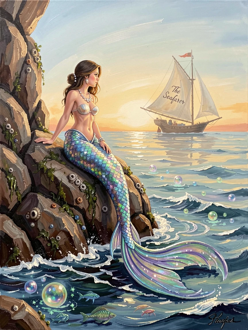 A mermaid perches on a rock at the edge of a hidden cove, her iridescent tail catching the light as she gazes toward a distant ship, small magical details scattered throughout the scene rewarding a closer look.