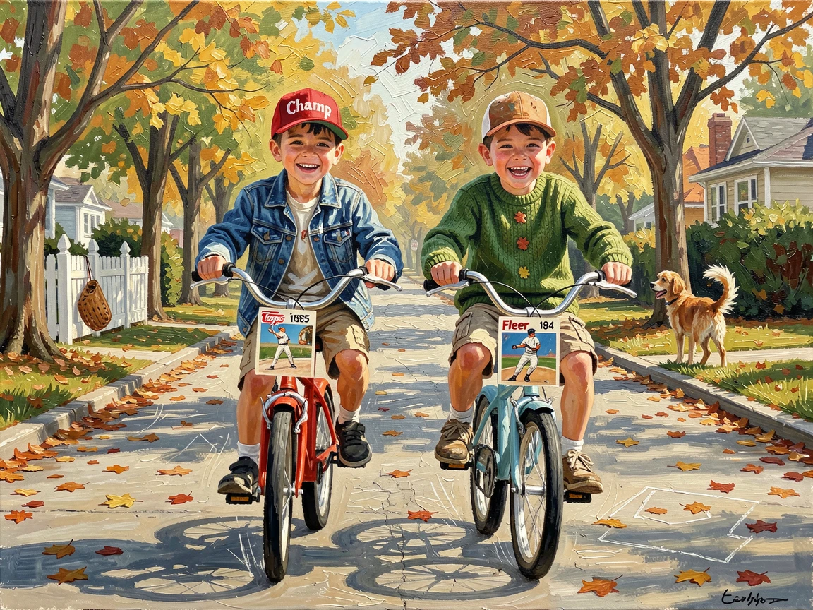 Childhood best friends ride bikes side by side down a tree-lined street, baseball cards clipped to their spokes clicking rhythmically, small personal details in their clothing and surroundings hinting at their story.