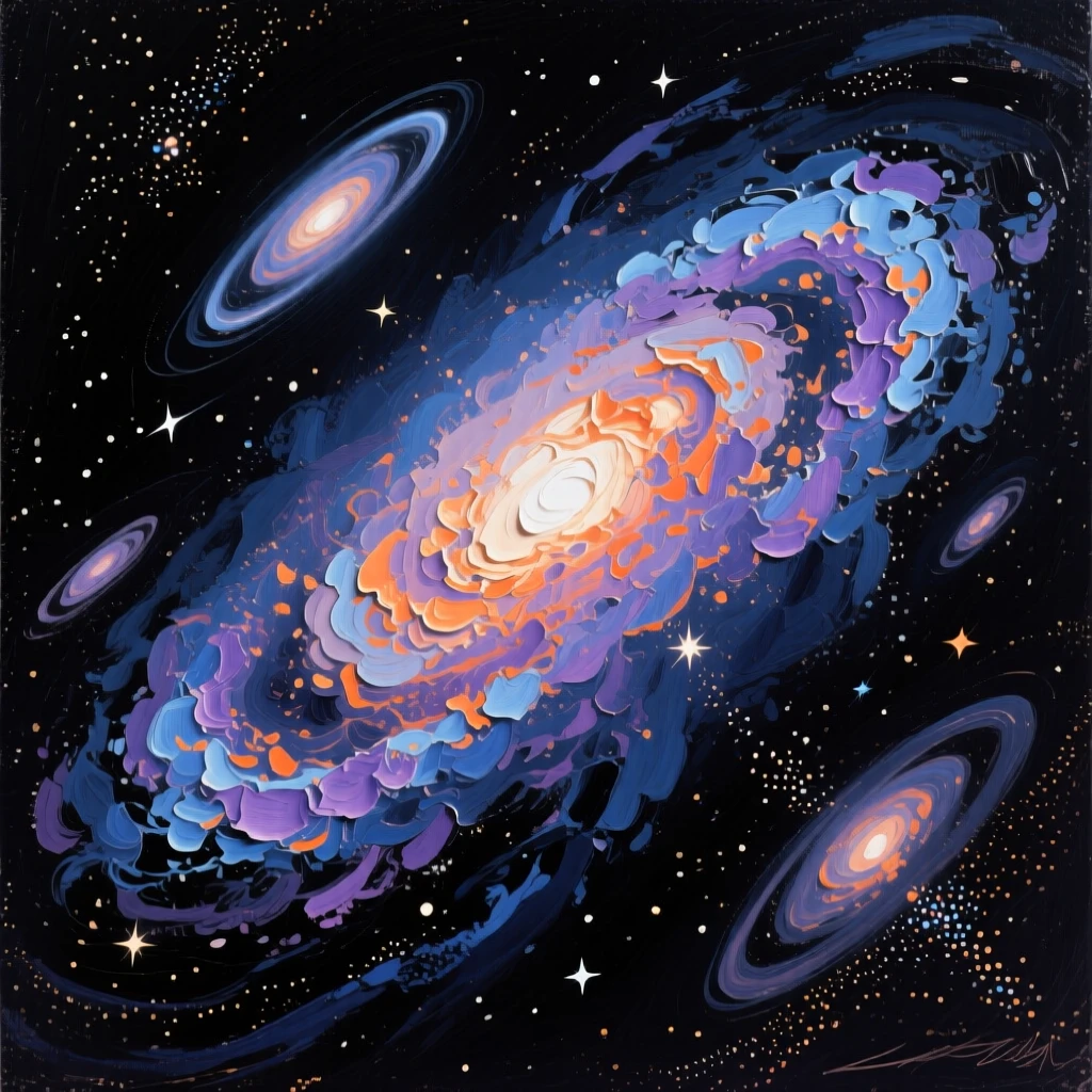 A distant galaxy cluster glows faintly against the black void, gravitational lensing bending the light of galaxies far beyond into curved arcs, the scale of the scene emphasized by tiny details that suggest an entire hidden world beyond the frame.