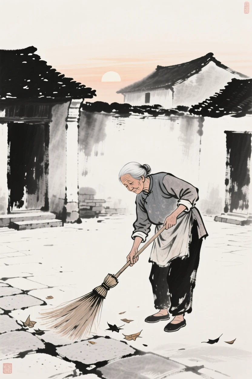 An old woman sweeps the courtyard in front of her home at dawn, as the first light of morning touches the rooftops.