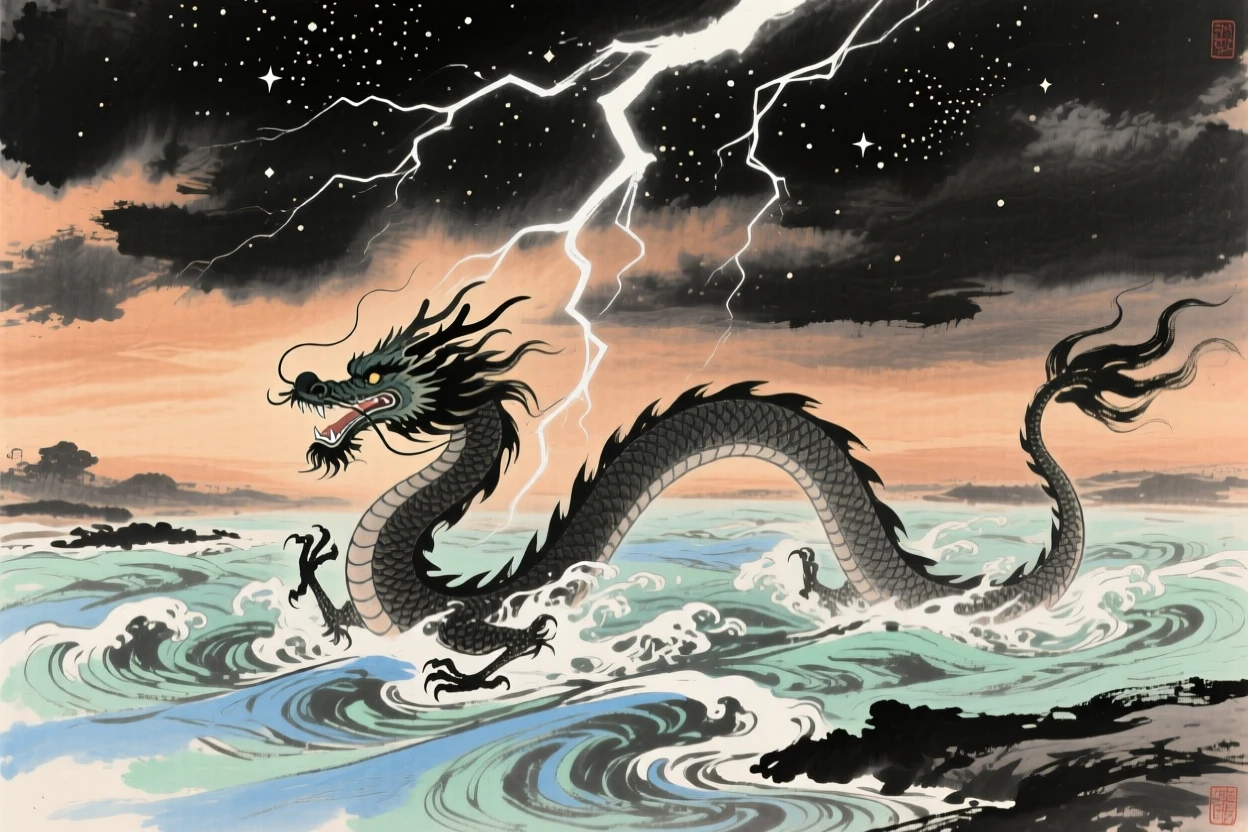 A dragon emerging from a churning river beneath a lightning lit sky, under a sky full of stars.