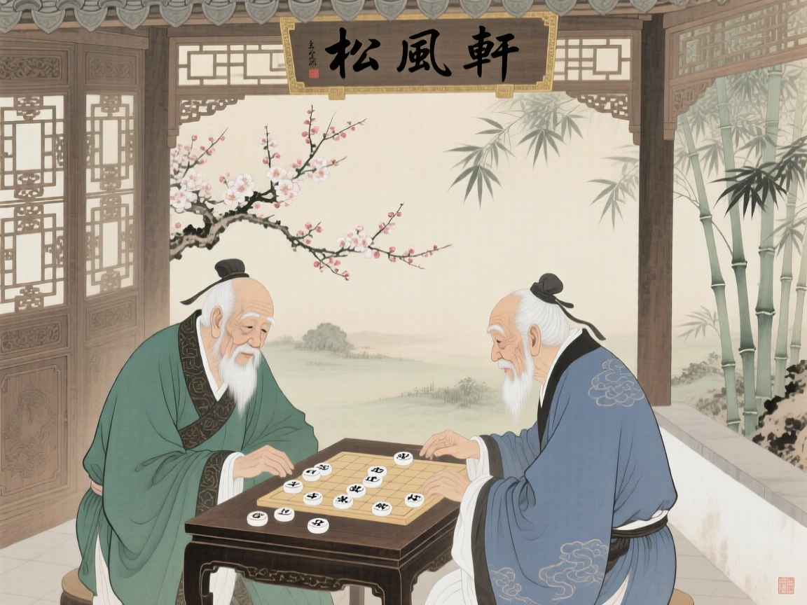 Two elderly friends playing a board game beneath a shady pavilion