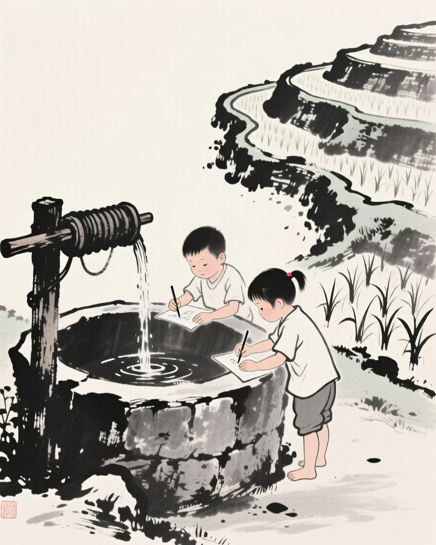 Two children drawing water from a village well beside a terraced rice field, framed intimately, focusing on quiet gesture and expression, conveying quiet devotion and simple contentment.