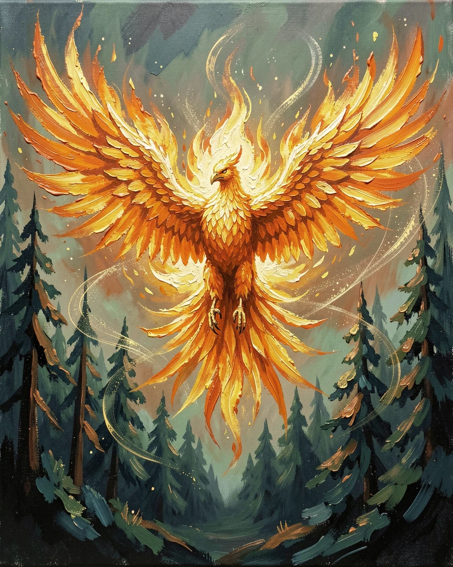 A phoenix rises in a burst of golden flame above a dark forest, its fiery wings illuminating the surrounding trees in brilliant orange light, faint traces of light or energy drifting through the air to heighten the sense of magic.