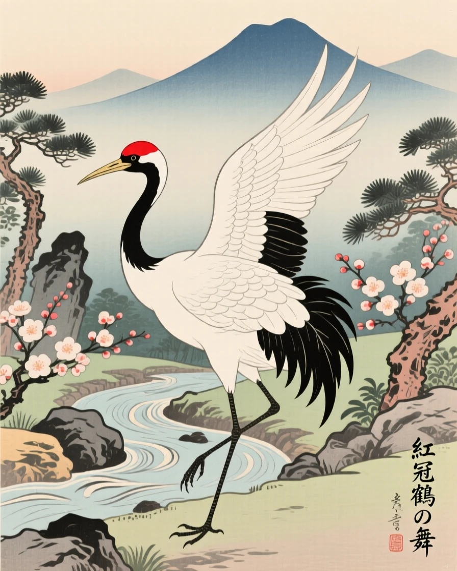A red-crowned crane displaying vivid tail feathers in a garden.