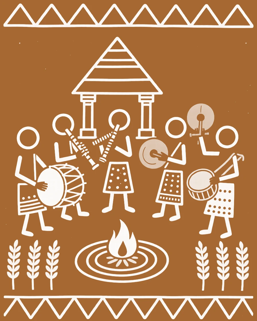A group of temple musicians during a quiet dawn ritual.