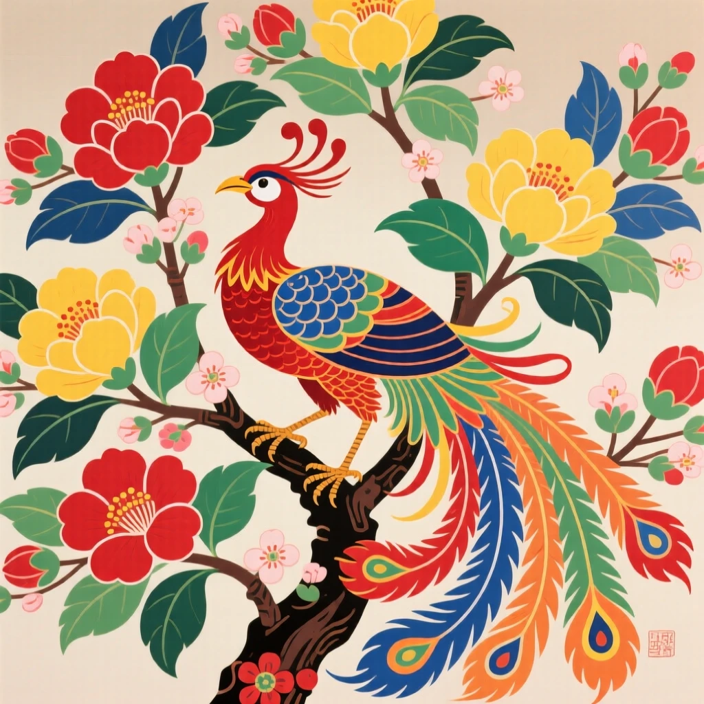 A phoenix perched on a blossoming paulownia tree, symbolizing renewal and grace.