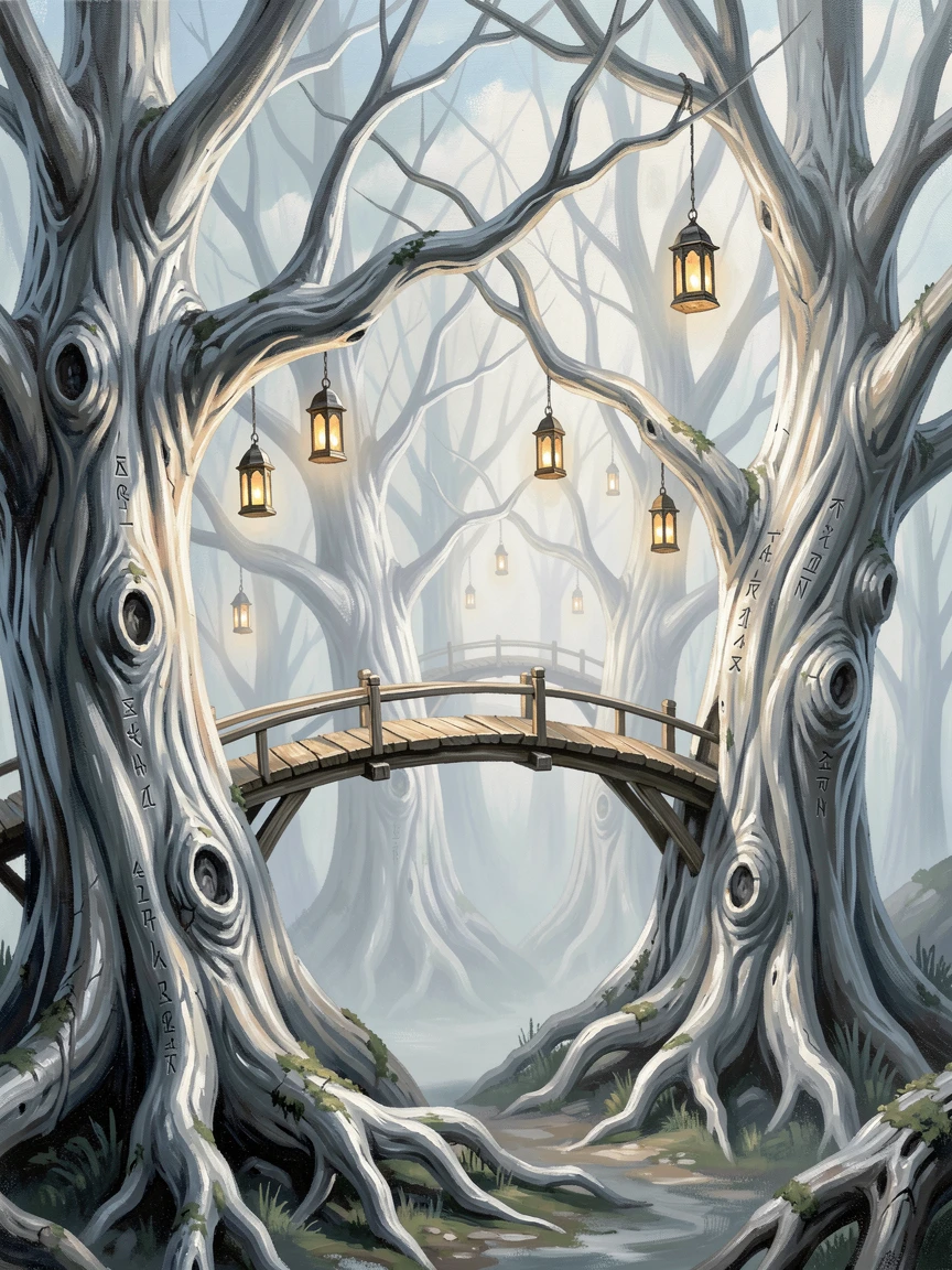 An ancient elven city is built into the branches of towering silver trees, delicate bridges connecting glowing lanterns strung between the massive trunks, the setting suggesting centuries of untold stories embedded in every weathered surface.