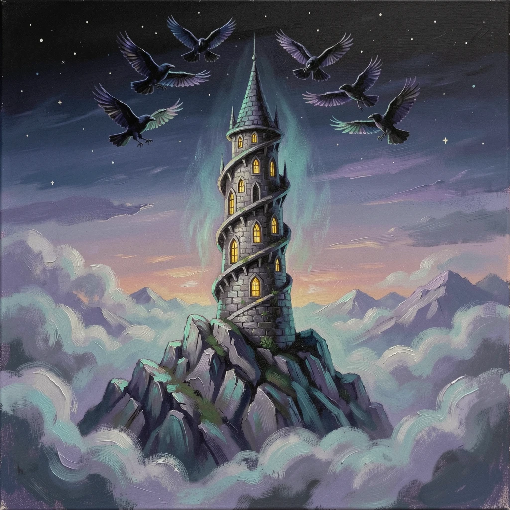 A wizard's tower rises from a misty mountain peak, glowing windows scattered up its spiraled height, ravens circling in the twilight sky above, an otherworldly light source casting soft, unnatural color across the surrounding environment.