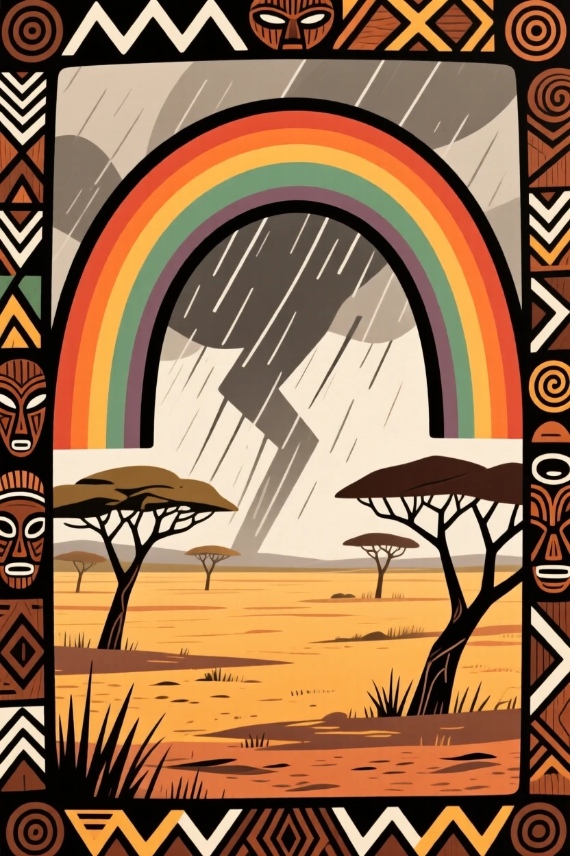 A rainbow arching over the plain after a sudden storm.