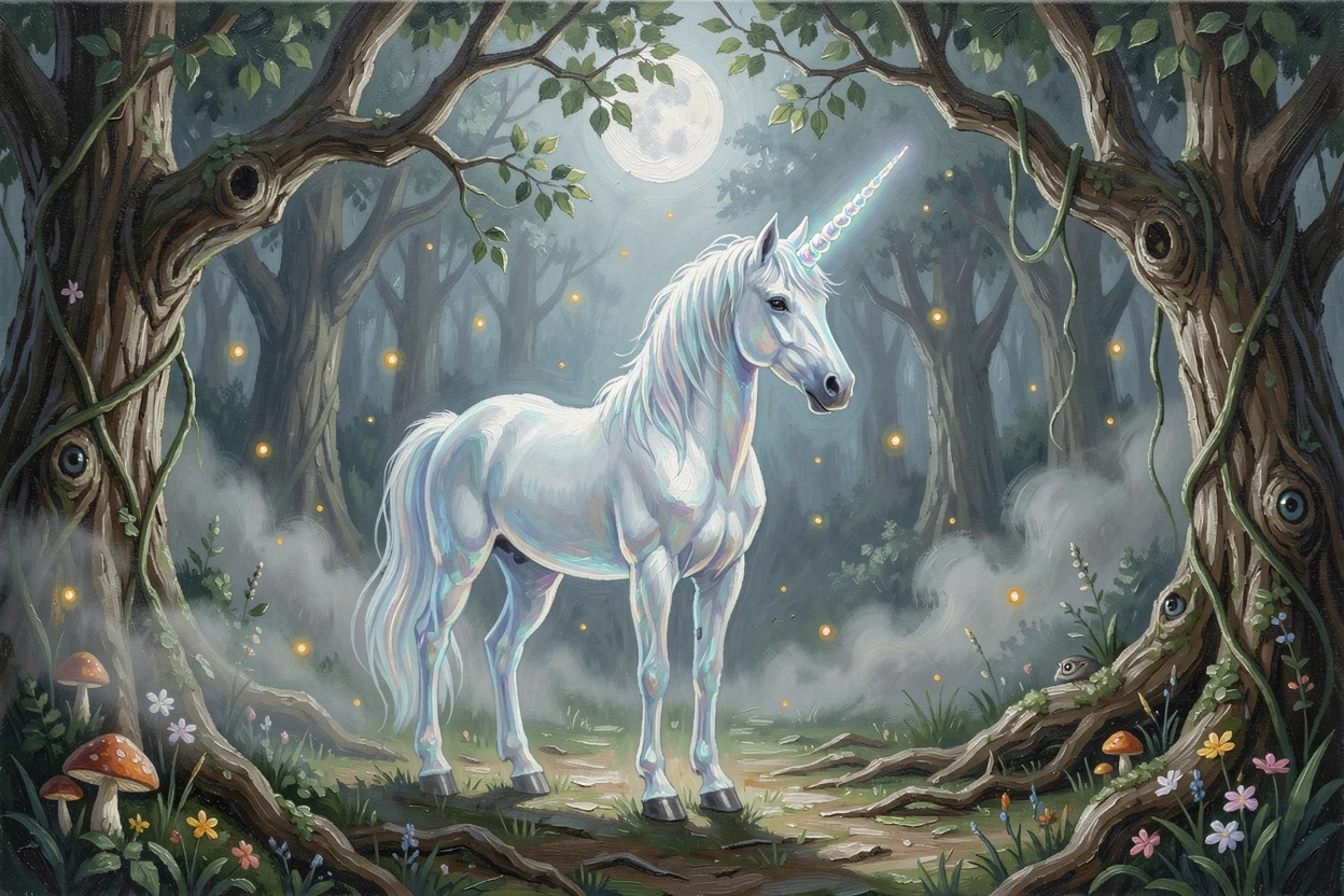 A glowing unicorn stands at the edge of an enchanted forest clearing, its spiraled horn catching moonlight as fireflies drift through the surrounding mist, the scale of the scene emphasized by tiny details that suggest an entire hidden world beyond the frame.