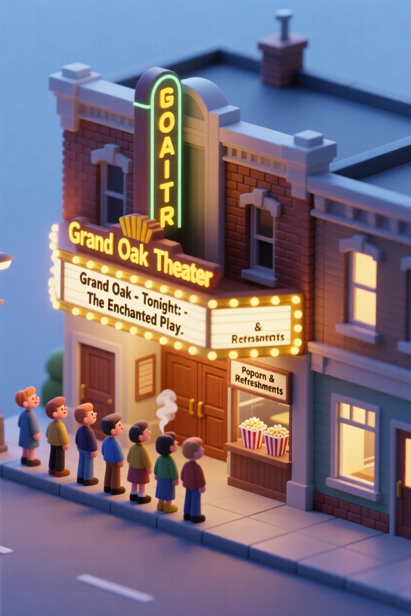 A charming small-town theater with a marquee glowing at dusk, patrons lining up for a show, popcorn scent wafting from the lobby.