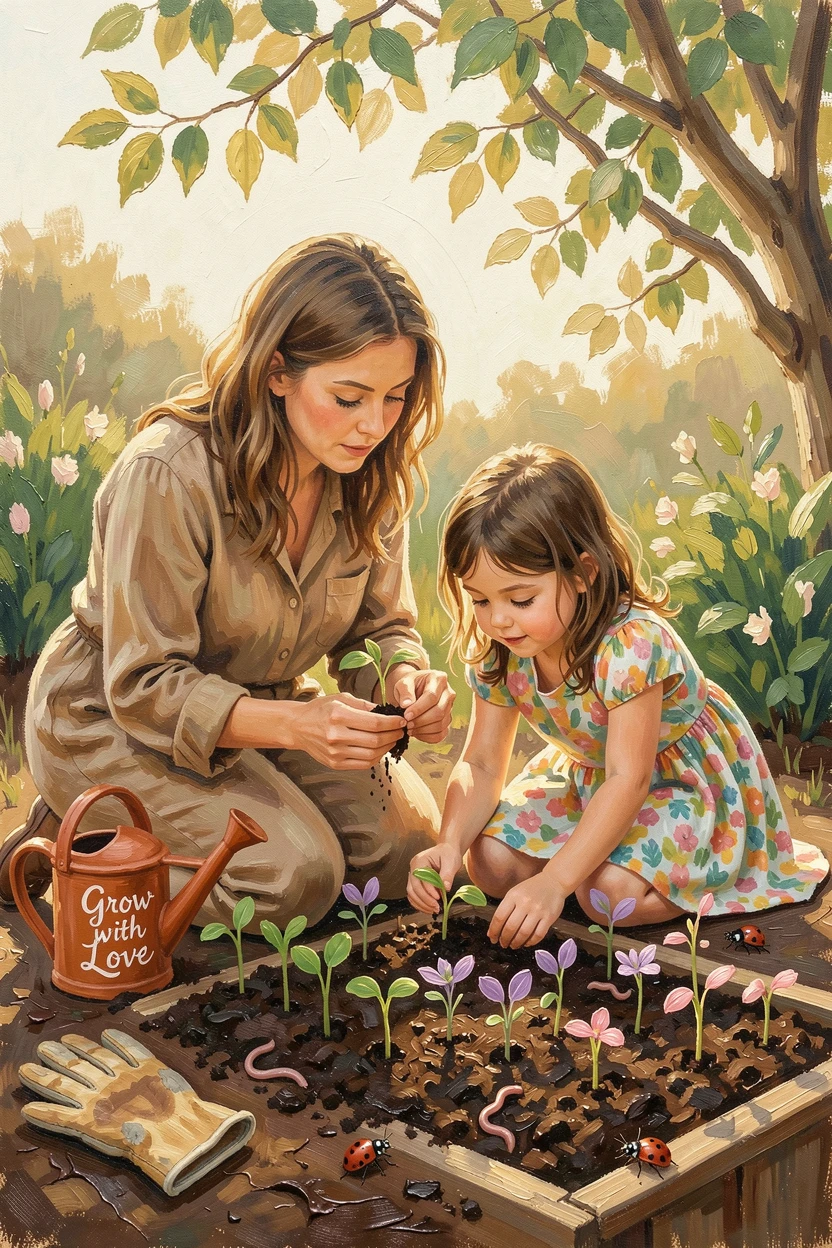 A mother and daughter share a quiet moment gardening together, both kneeling in rich soil planting rows of colorful seedlings, a quiet warmth radiating from the interaction, grounded in small authentic details.