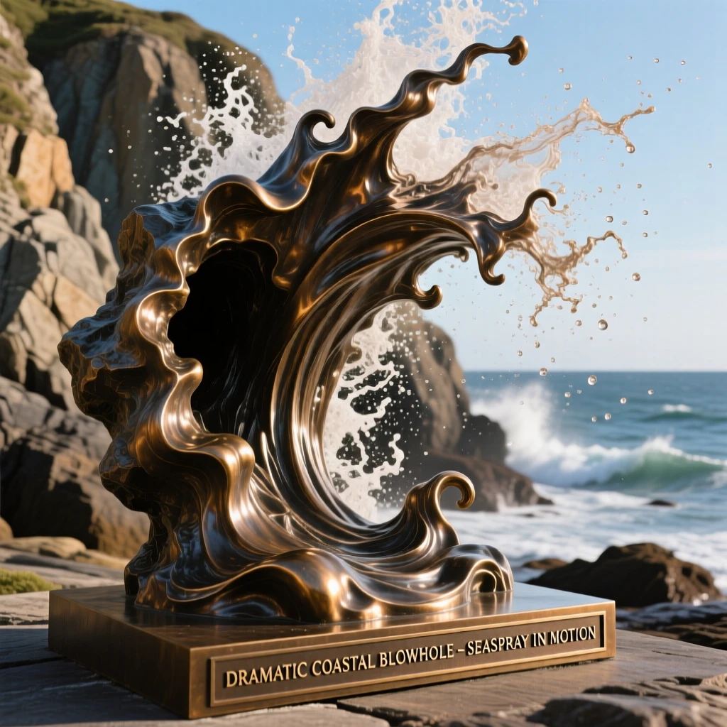 A dramatic coastal blowhole erupting with sea spray, rendered in vivid, atmospheric detail, offering a breathtaking sense of place