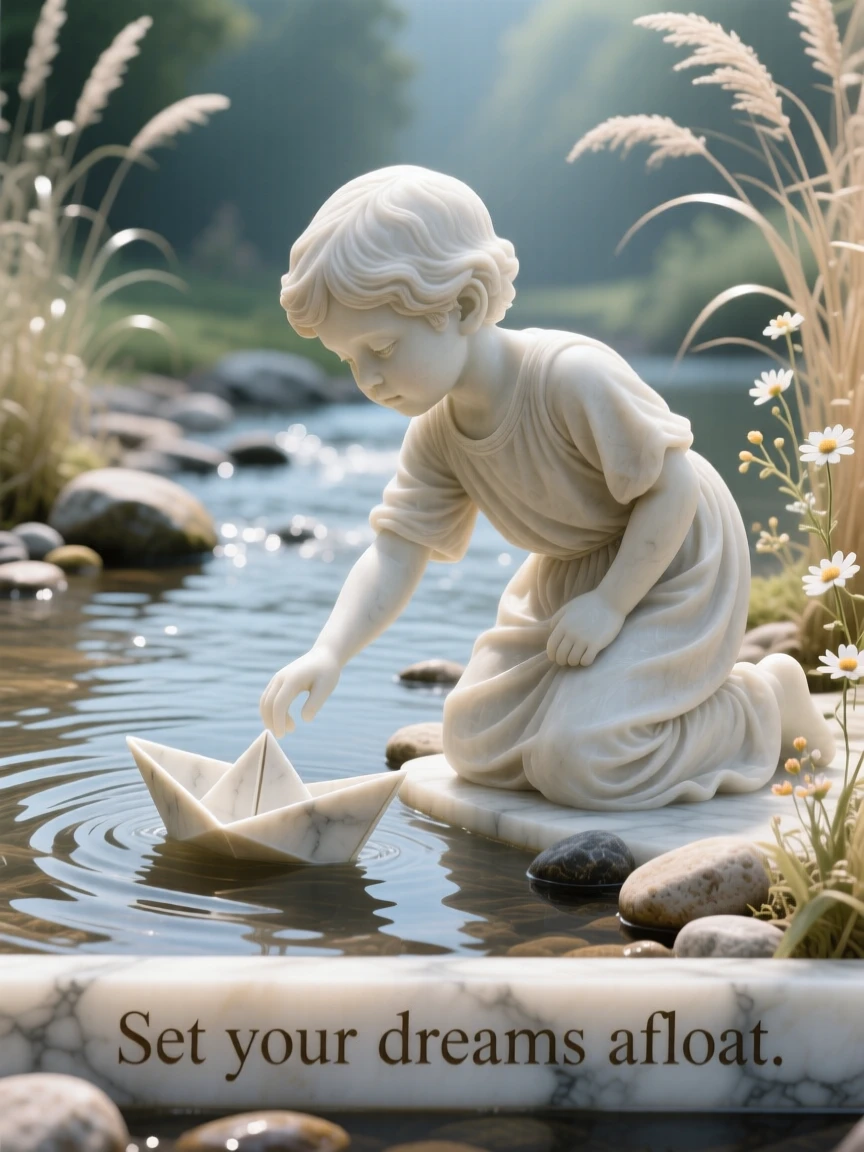 A vivid, emotionally rich scene of a child releasing a paper boat into a stream, surrounded by soft, glowing light, designed to captivate and inspire