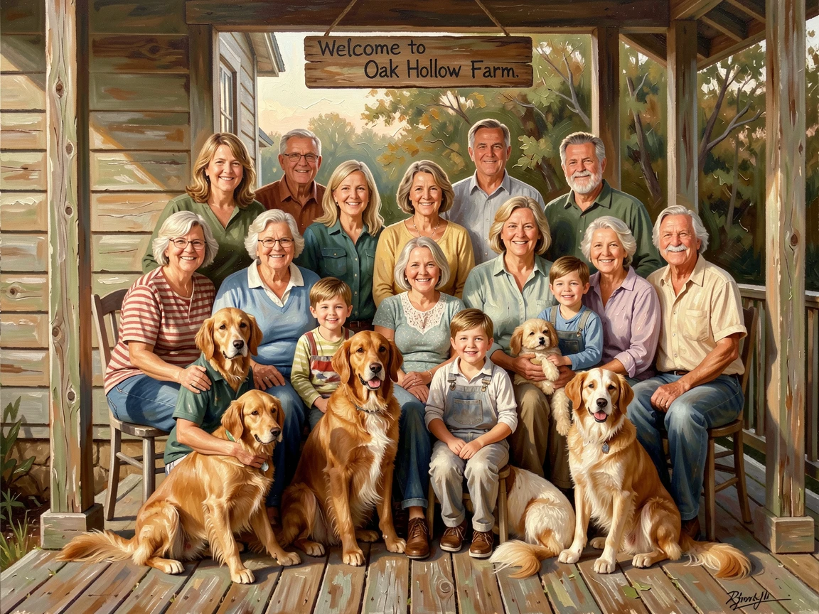 A large family poses together for a portrait on a farmhouse porch, dogs and children scattered among the smiling adults, soft ambient light gently shaping the contours of their face and surroundings.