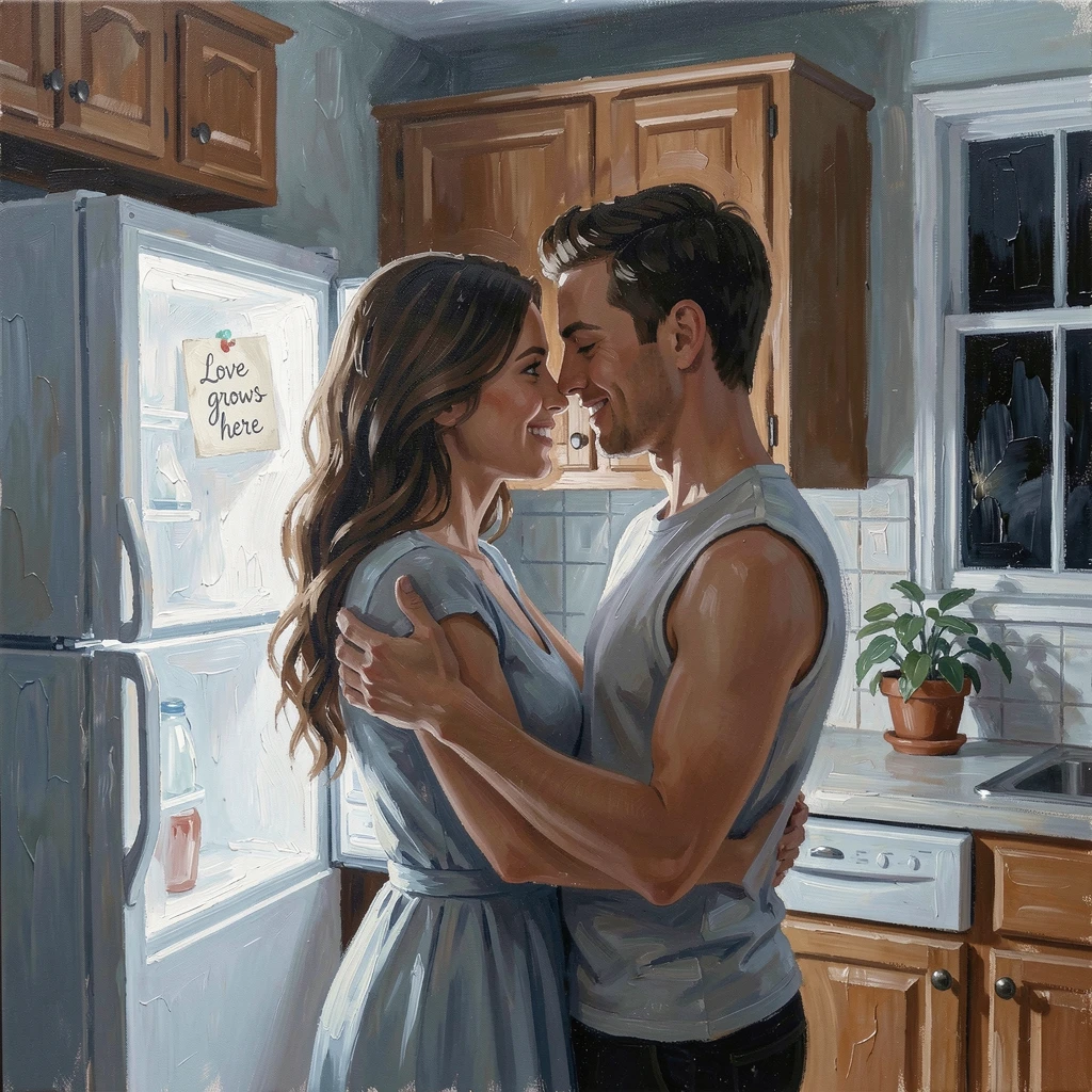 A couple shares an intimate slow dance in their kitchen at night, illuminated only by the soft glow of the refrigerator light, soft ambient light gently shaping the contours of their face and surroundings.