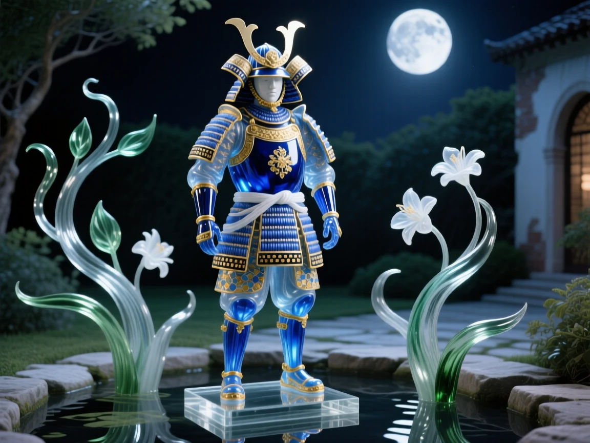 A samurai armor standing proudly in a moonlit courtyard garden, noble and dramatic.