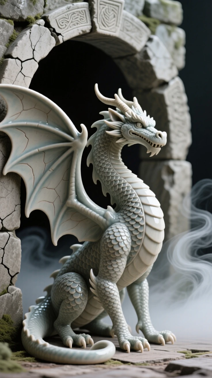 A coiled dragon with outstretched wings standing guard beside an ancient stone archway, wrapped in wisps of enchanted mist, radiating noble power tempered with gentleness.