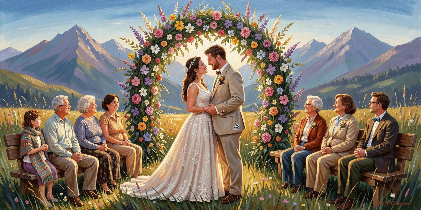 A couple exchanges vows beneath an arch of wildflowers in a mountain meadow, close friends and family seated on wooden benches nearby, small personal details in their clothing and surroundings hinting at their story.