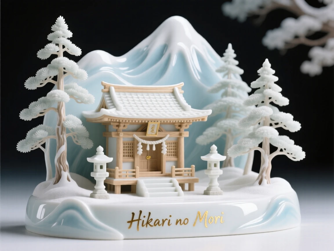 A serene forest shrine nestled in snow-capped mountains, bathed in the soft light of dawn.