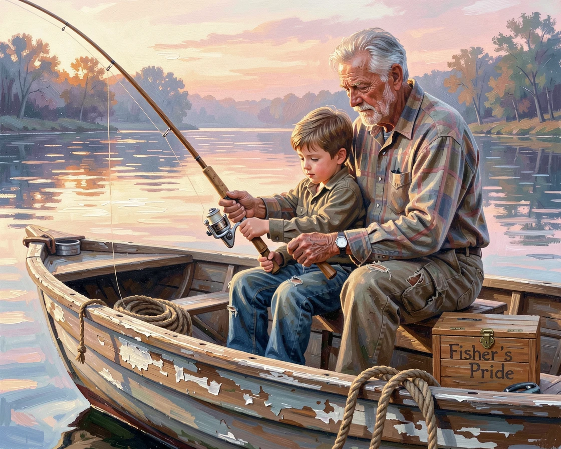 A grandfather teaches his grandson to fish from a rowboat on a calm lake at dawn, both focused intently on a tugging line, a quiet warmth radiating from the interaction, grounded in small authentic details.