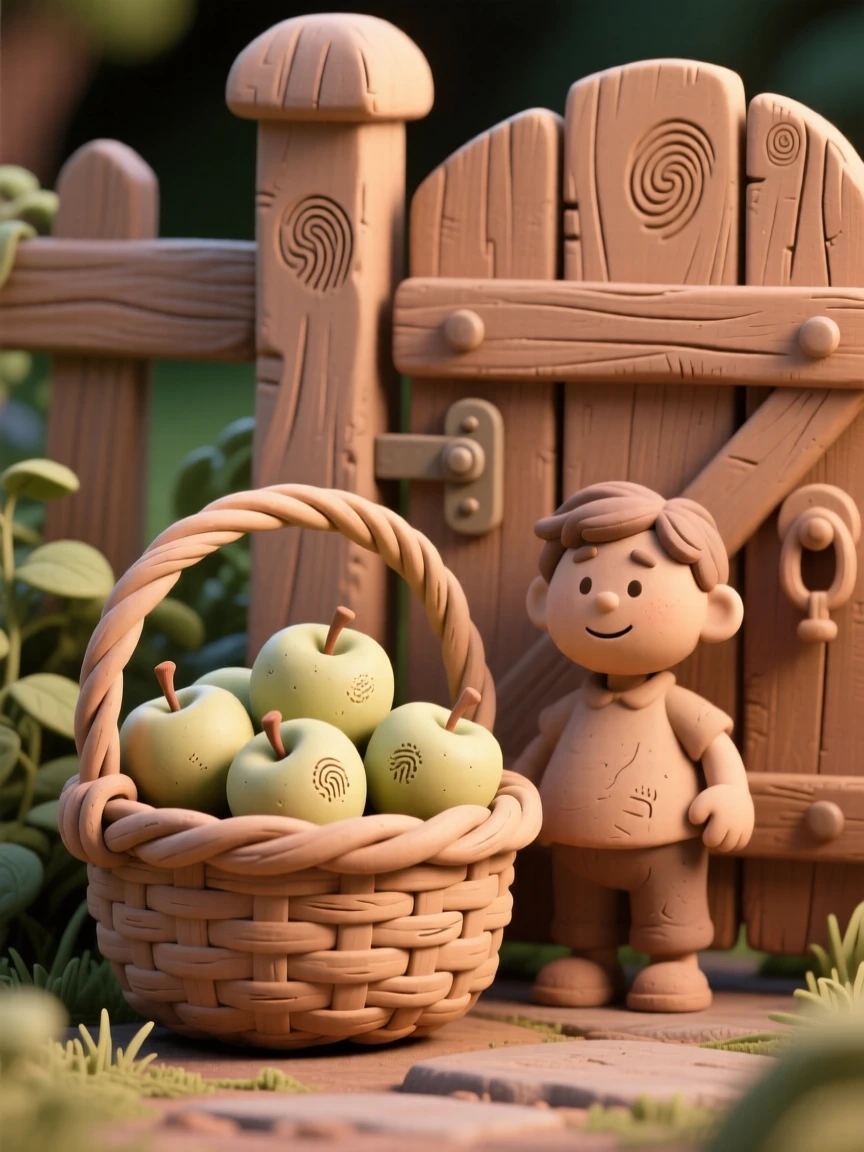 A basket of fresh-picked apples resting beside a garden gate