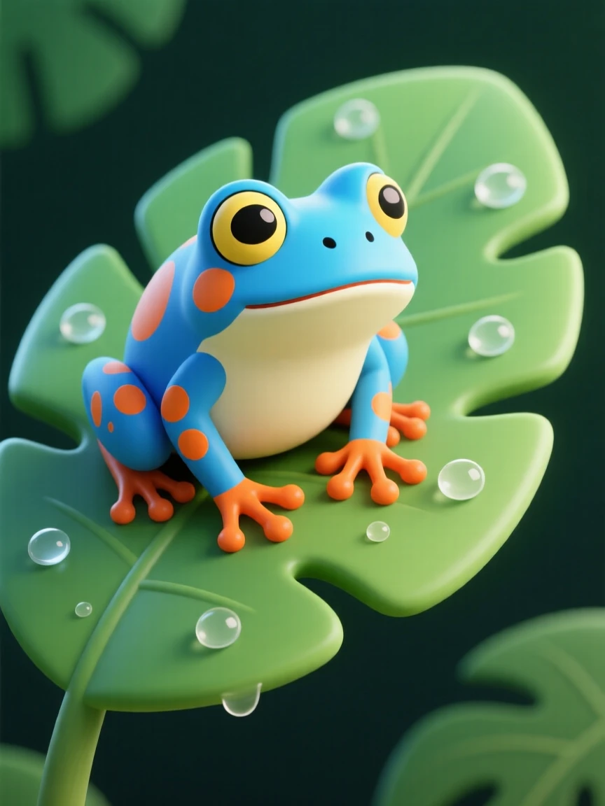 A colorful frog with bright blue and orange markings clings to a rain-soaked jungle leaf.