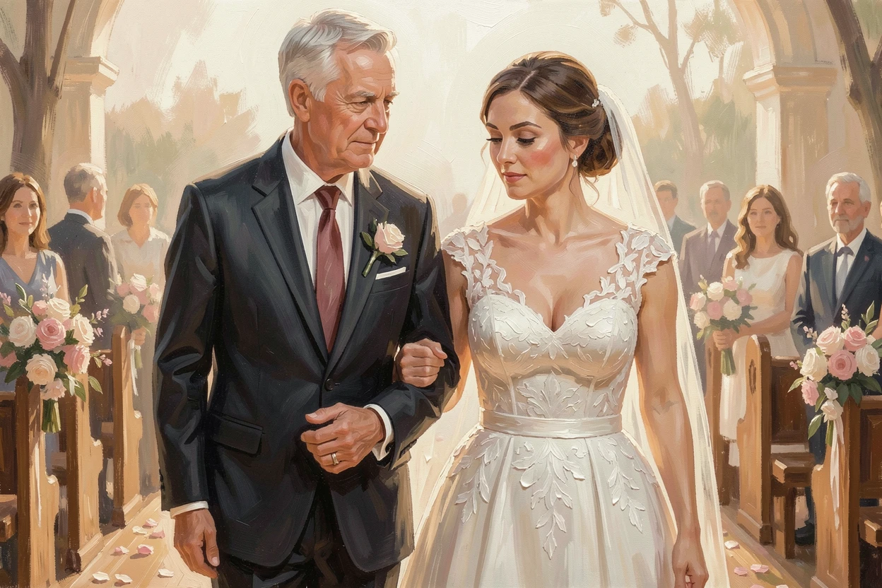 A bride's father walks her down the aisle, his hand resting gently over hers, both faces showing quiet emotion, the moment feeling candid and intimate rather than posed or staged.