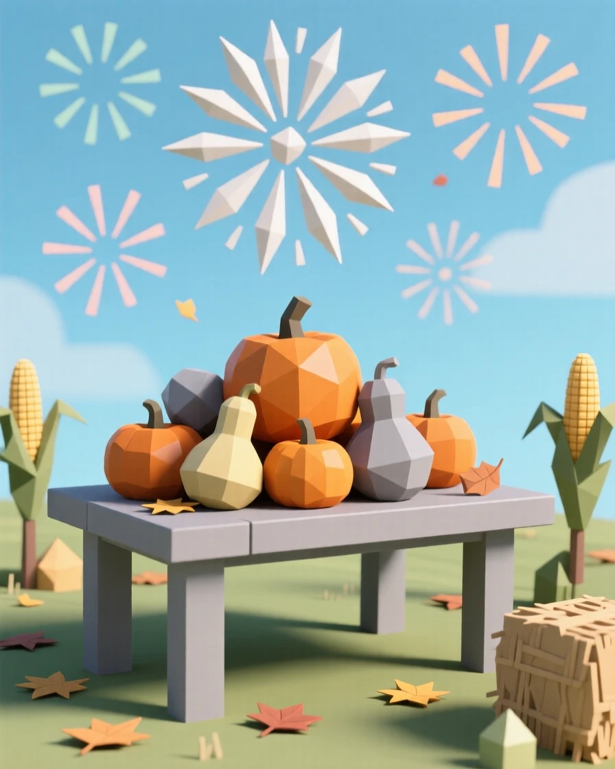 A harvest festival table piled with pumpkins and gourds, beneath a sky full of fireworks. small charming details enrich the festive setting. There is a joyful, festive energy in the air.