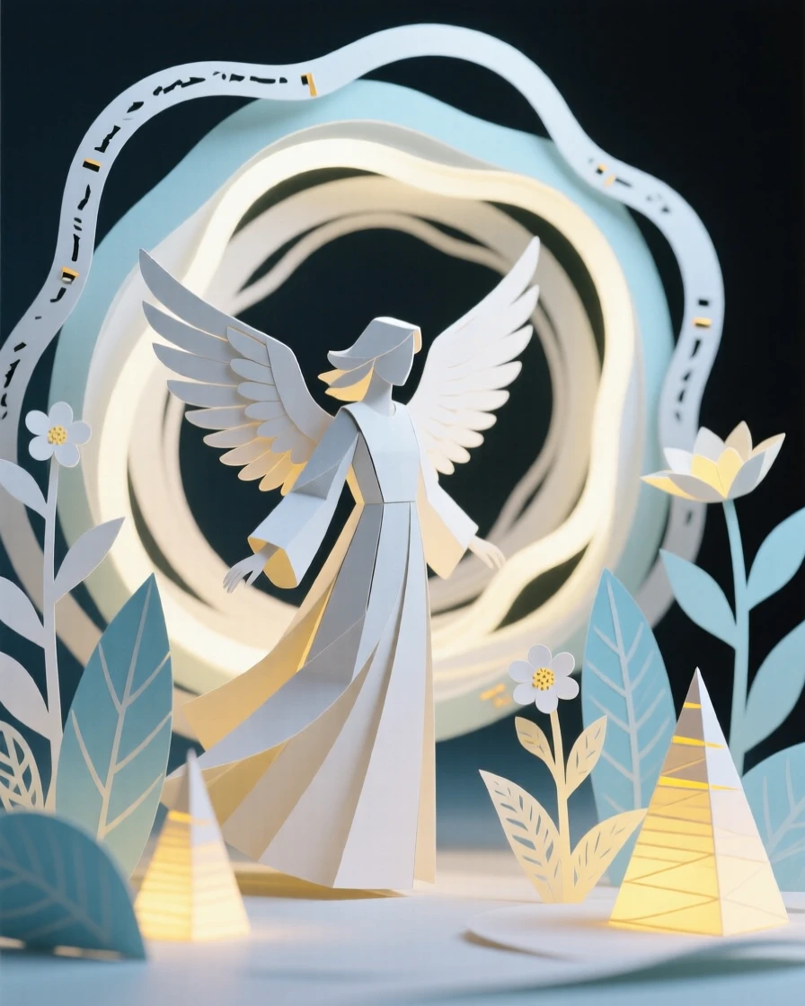 A winged messenger angel emerging from a swirling portal of light, with luminescent plants lighting the surroundings, evoking otherworldly beauty.