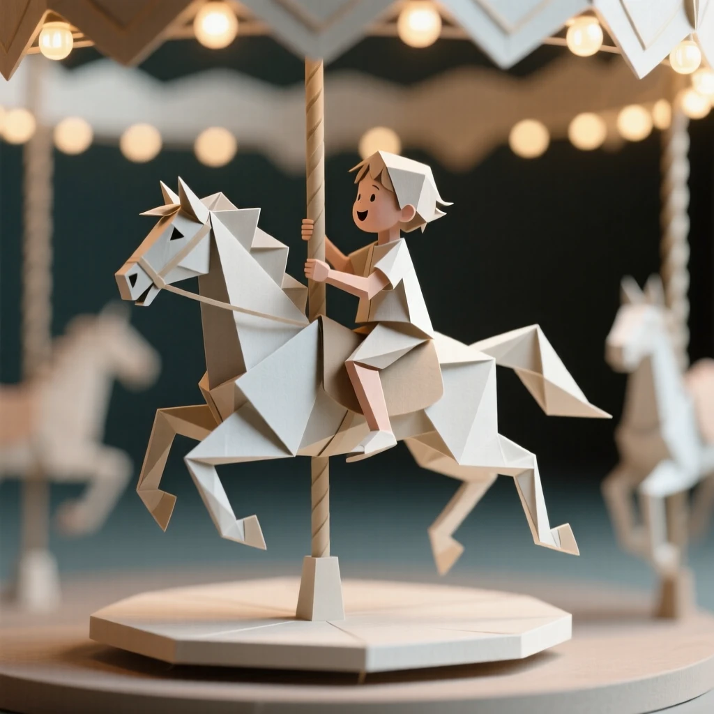 A child riding a carousel horse mid-spin, lights blurring joyfully in the background.