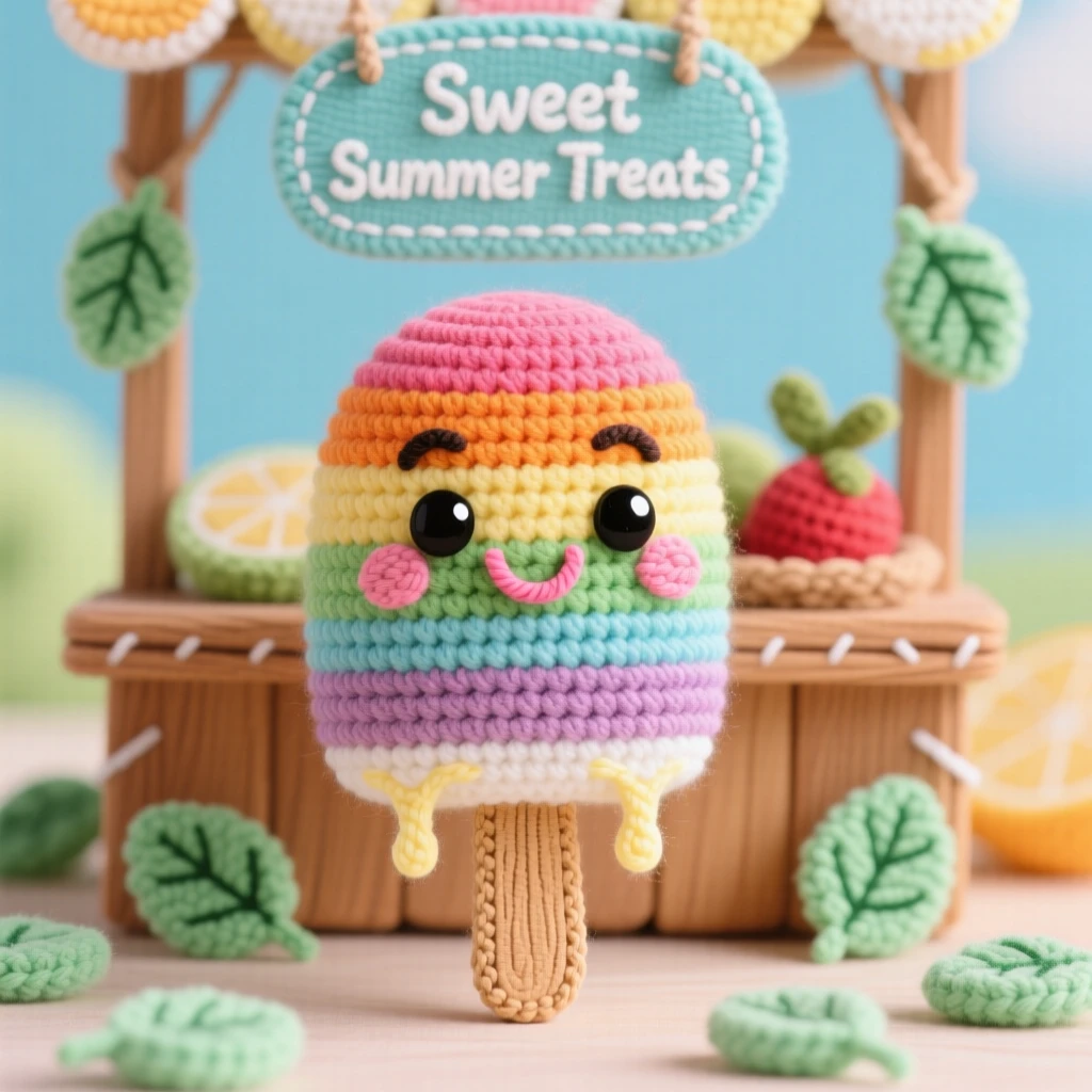 a cheerful ice pop character, in bright rainbow colors, dripping slightly in the summer sun, displayed in a bright summer fruit stand, with a scattering of fresh mint leaves, radiating a cozy sense of shared treats.