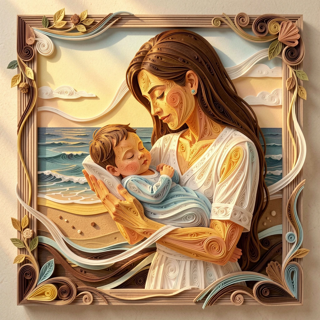 A heartwarming moment of a newborn baby sleeping peacefully in a parent's arms on a quiet beach at golden hour, with a comforting, homely atmosphere throughout, framed with soft natural light streaming through a window.