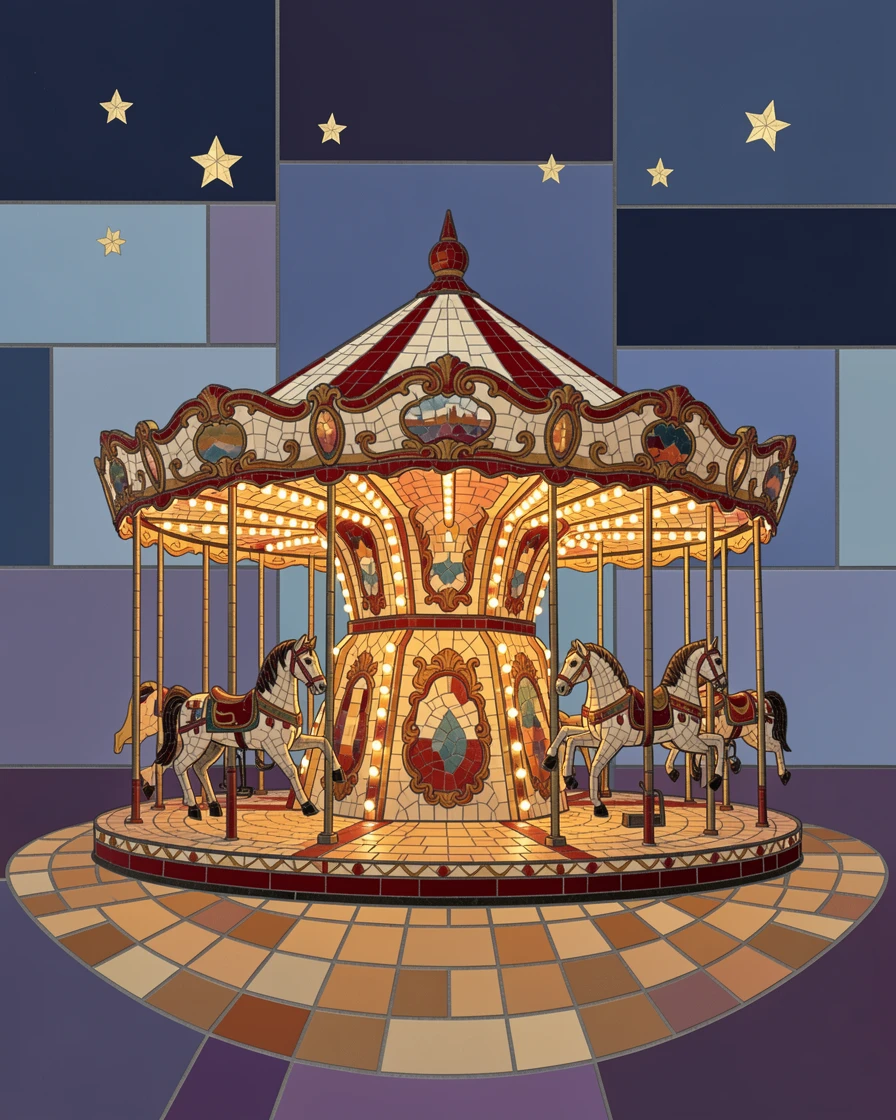A grand old carousel lit up with warm lights at a night fair.