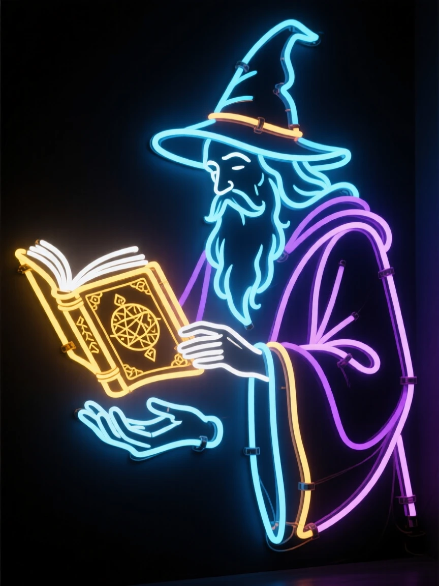 A wise old wizard studying a floating spellbook.