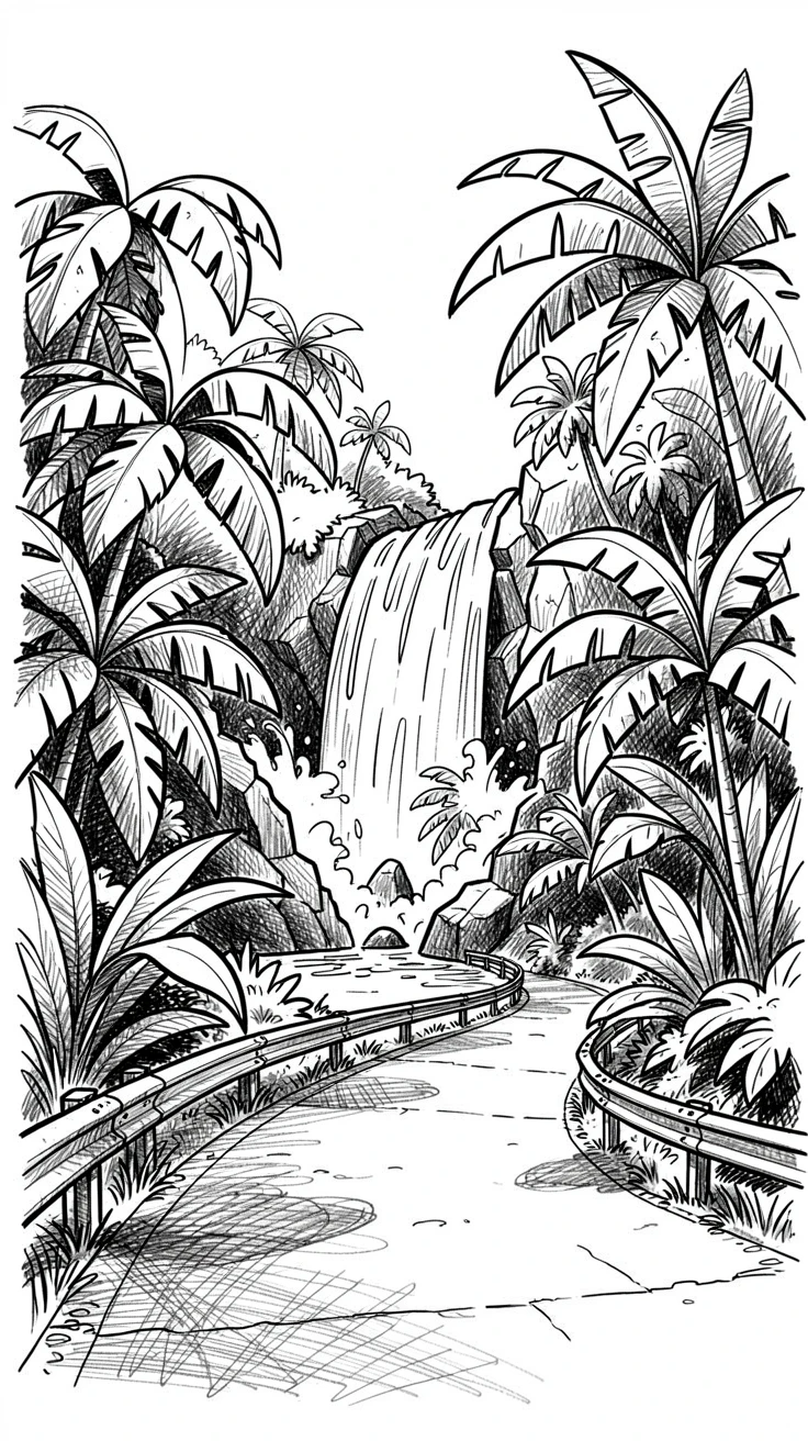 A tropical waterfall in a rainforest beside a winding mountain road.
