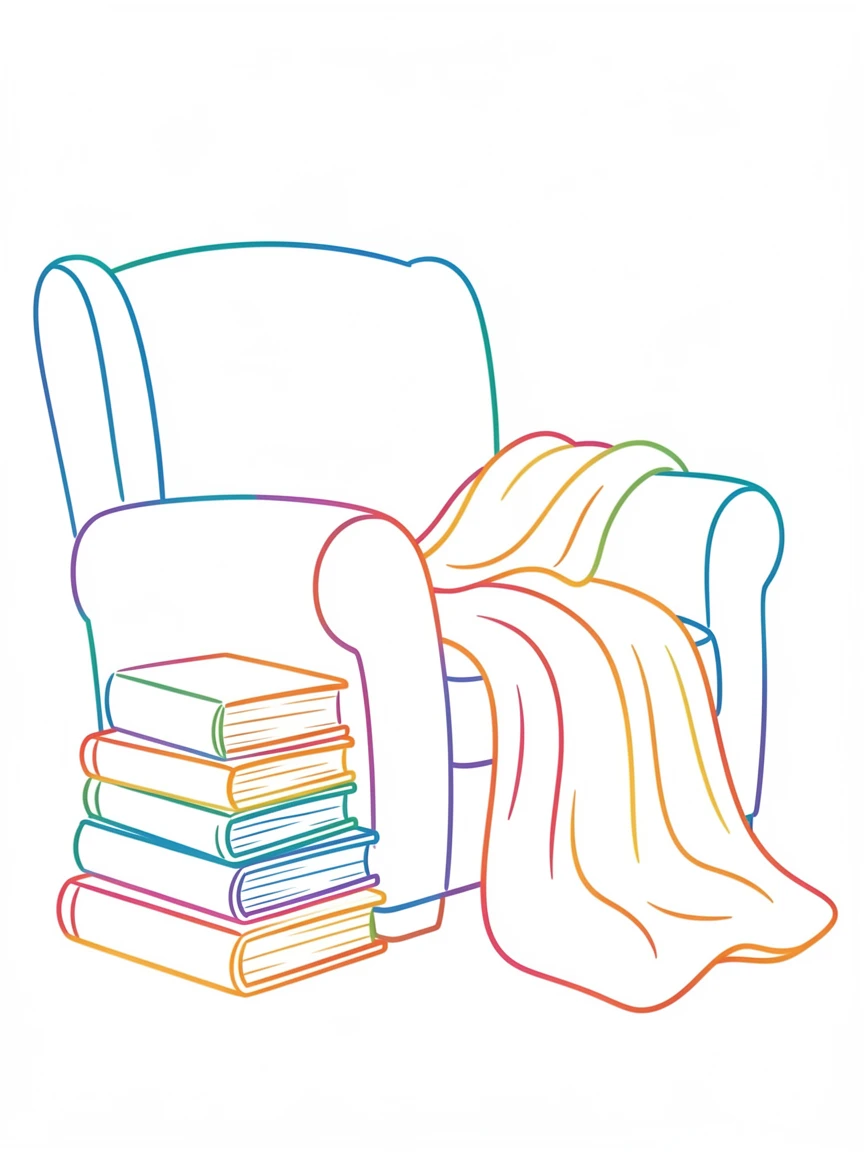 A cozy reading corner with a large armchair, a stack of books, and a warm blanket.