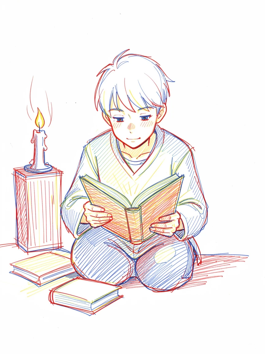A young apprentice reading from a glowing spellbook by candlelight