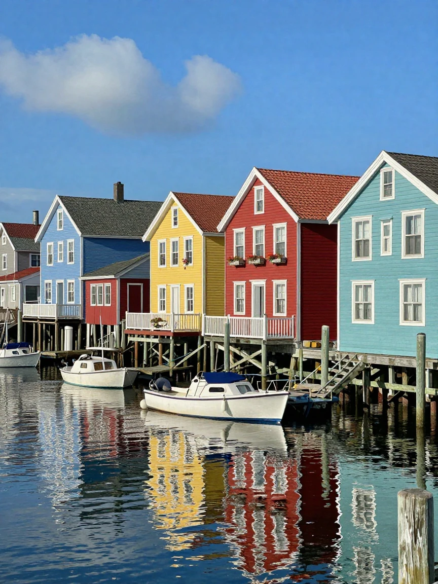 A row of brightly painted houses along a harbor