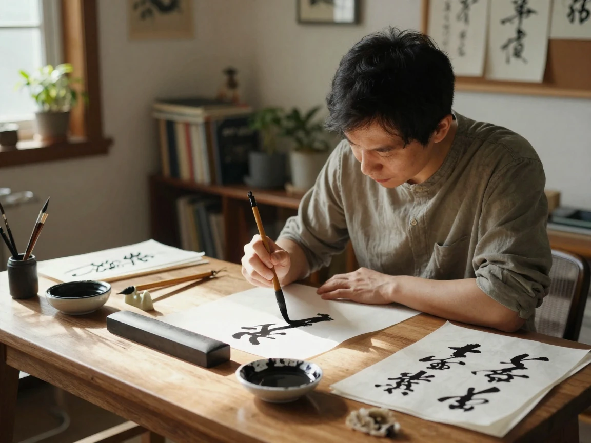 A calligrapher practices flowing brush strokes on rice paper at a low table.