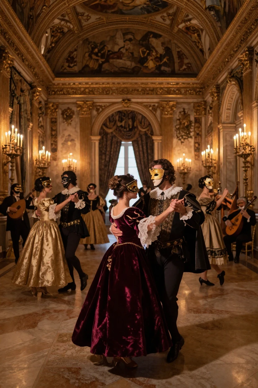 A Renaissance masquerade ball filling a candlelit palace hall with dancers