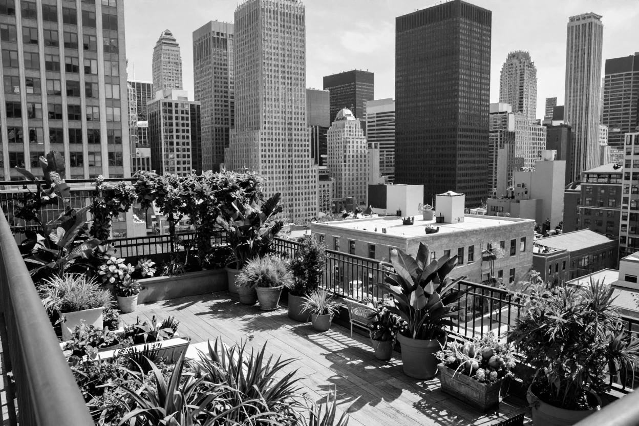 A rooftop garden overlooks a sprawling city skyline above a sprawling urban skyline.