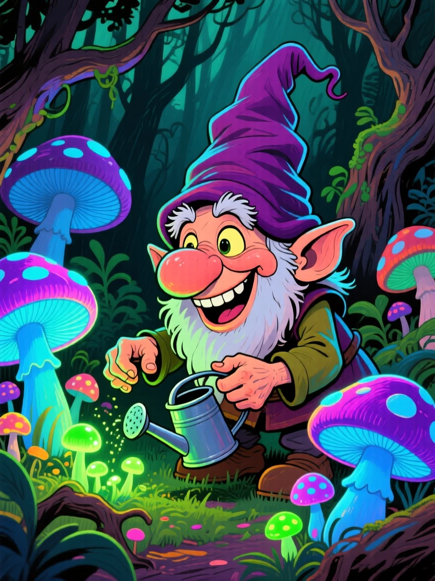 A gnome tending a garden of oversized glowing mushrooms in a hidden woodland grove.