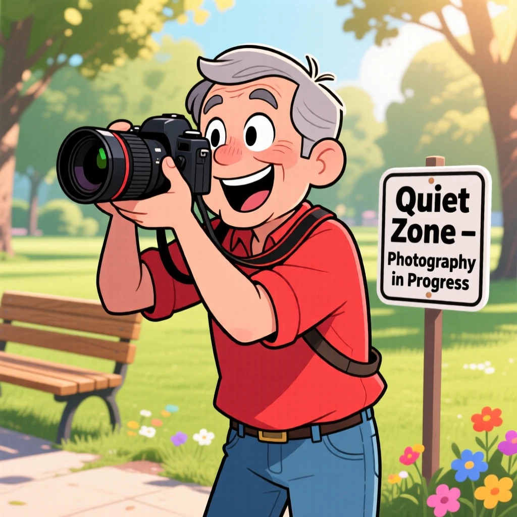 An everyday-life snapshot of a passionate photographer, completely absorbed in the middle of their favorite hobby, on a quiet weekend afternoon.