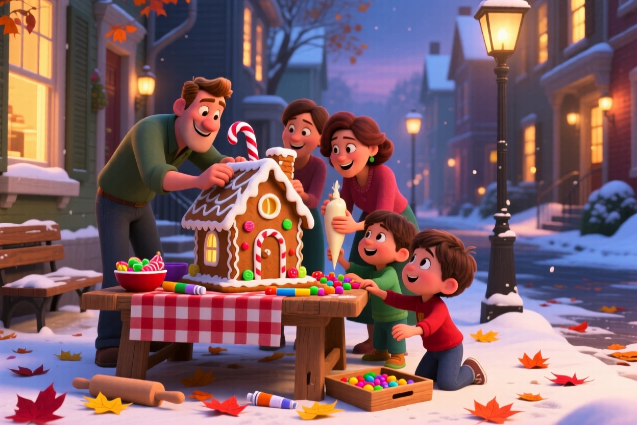 A family building a gingerbread house together happens on a snowy street lined with glowing windows, with colorful fallen leaves scattered underfoot. A bright, merry energy fills the entire scene.