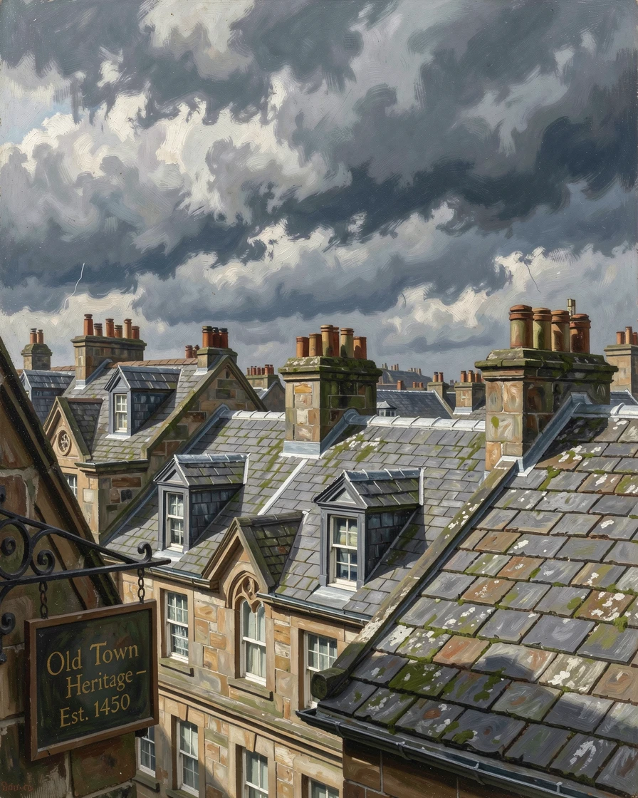 The historic rooftops of Edinburgh beneath a dramatic stormy sky, with centuries of history visible in every weathered detail, celebrating the architectural wonder and cultural richness of the location